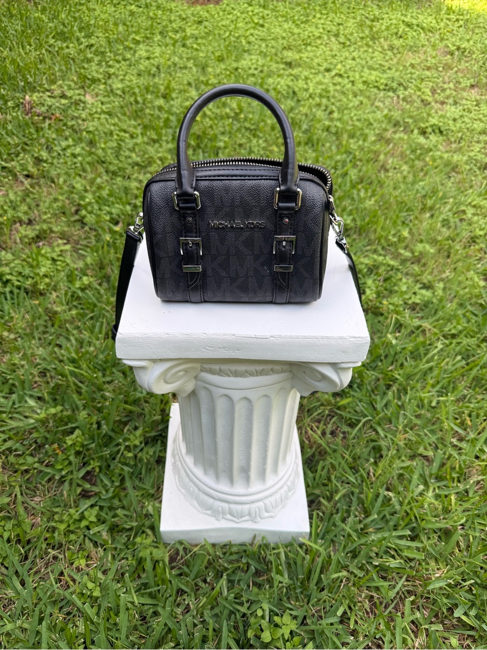 Michael Kors Black Logo Mini Satchel with Silver Accents